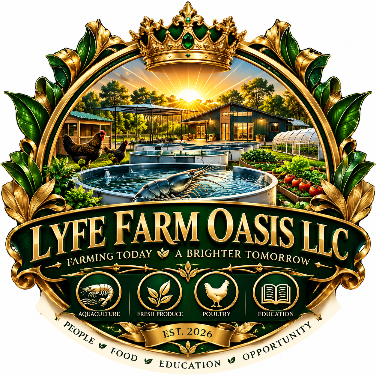 LYFE FARM OASIS LLC green and gold farm crest showing aquaculture tanks, poultry, and crops