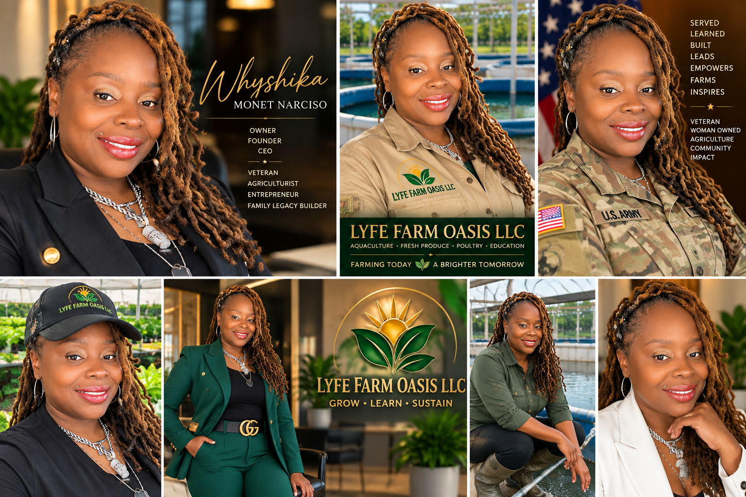 Professional portraits of founder in business and farm settings